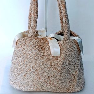 Vintage *BOYNE VALLEY WEAVERS Beige Wool Diamond Stitch Ribbon Closeure Boho Bag
